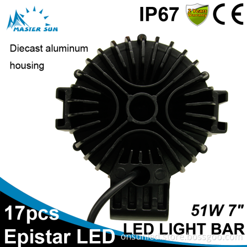 Waterproof Red 7inch 51w led tractor work light car led light bar off road led light bar